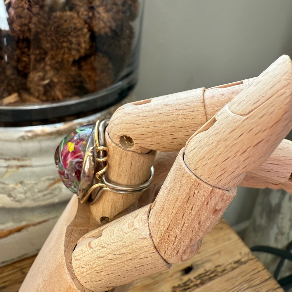 🌈HOST PICK🌈NWOT Artisan Lampwork Floral Silver Gold Ring Floral Glass Ring - Picture 10 of 16